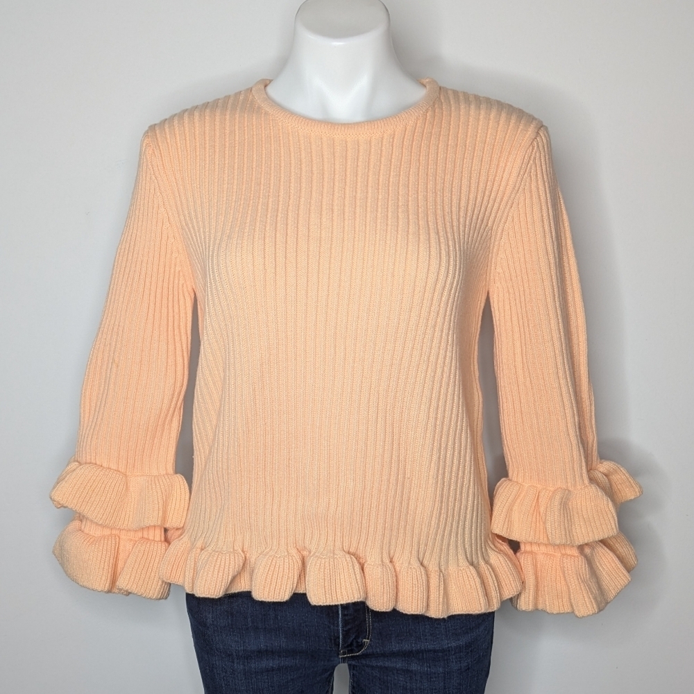 English Factory Orange Ribbed Ruffle Long Sleeve Knit Sweater L